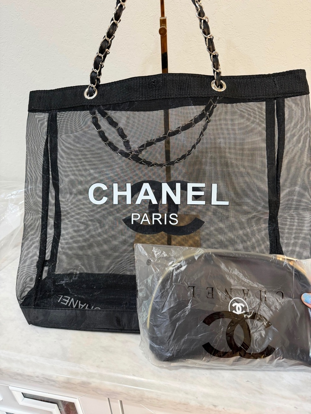 CHANEL Black Mesh Tote Bag with Chain Handles